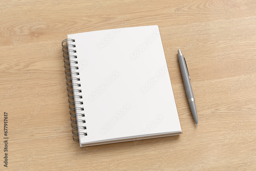 Notebook mockup. Opened blank notebook and pen. Spiral notepad on wooden background Notebook mockup. Opened blank notebook and pen. Spiral notepad on wooden background