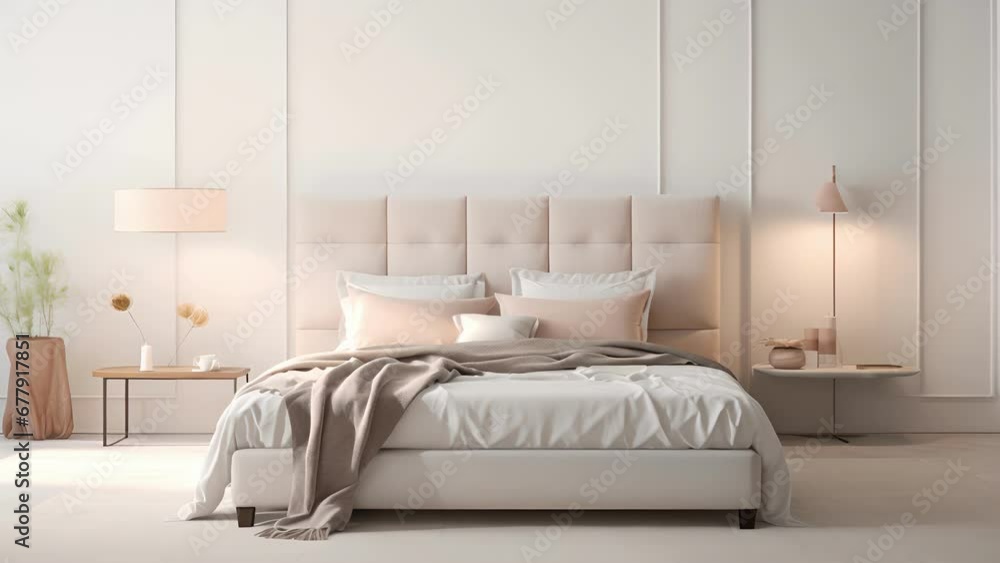 A luxurious bedroom setup, with a plush, tufted headboard, and silky soft bedding. The grange gentle light background adds an ethereal touch, with delicately formed shadows adding depth A luxurious bedroom setup, with a plush, tufted headboard, and silky soft bedding. The grange gentle light background adds an ethereal touch, with delicately formed shadows adding depth