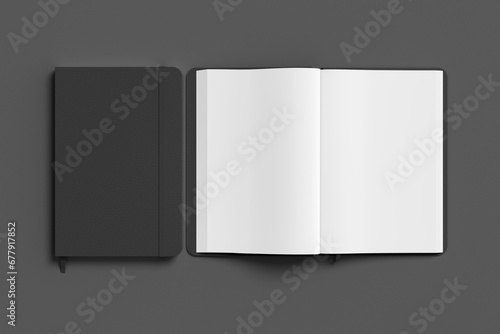 Black cover notebook and opened notebook mockup on gray background photo