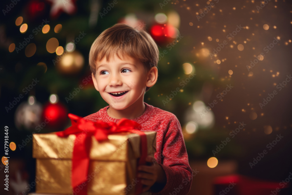 Happy child opening christmas presents, christmas tree as bokeh, xmas Happy child opening christmas presents, christmas tree as bokeh, xmas