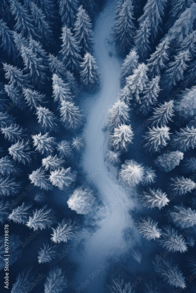 Obraz premium Aerial top view of snowy road in forest in winter. Landscape of white blue woods with snow, path and frozen trees. Concept of nature, travel, Siberia, Norway, country, scenery,