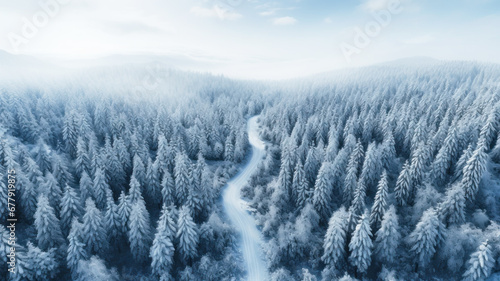 Snowy road in forest in winter, aerial perspective view. Landscape of woods with snow, white path and frozen trees. Concept of nature, travel, Siberia, Norway, country, scenery, cold