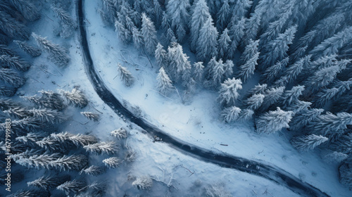 Road in snowy forest in winter, aerial top view. Landscape of frozen woods with snow, path and trees. Concept of nature, travel, Siberia, Norway, country, scenery, season, cold