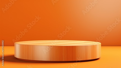 Orange cylinder display stand, perfect for showcasing products with its simple, clean design. Presented against a vibrant orange background for a bold and striking presentation. © jackson