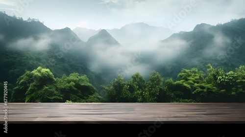 Empty wooden desk with misty morning in the mountains background, Rural, Forest beautiful natural landscape backdrop outdoors, Product display with copy space for text, Banner, Digital greeting Card.