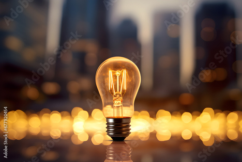 Creativity idea, business success and strategy concept. Idea concept with innovation and inspiration. Light bulb in the dark and blur city on background.