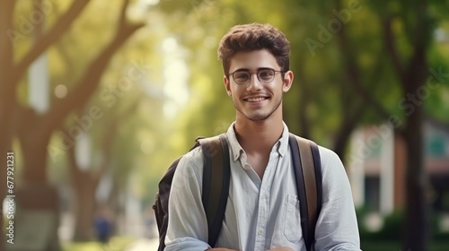 Handsome student man with backpack and books outdoor. Smile boy happy carrying a lot of book in college campus. Portrait male on international University. Education, study, school