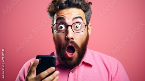 handsome man exited surprise face expression . Male feels shocked with the phone. exciting smile and happy adorable rejoices. Very enjoy and fun relax time. wow, girl holding smartphone. © pinkrabbit
