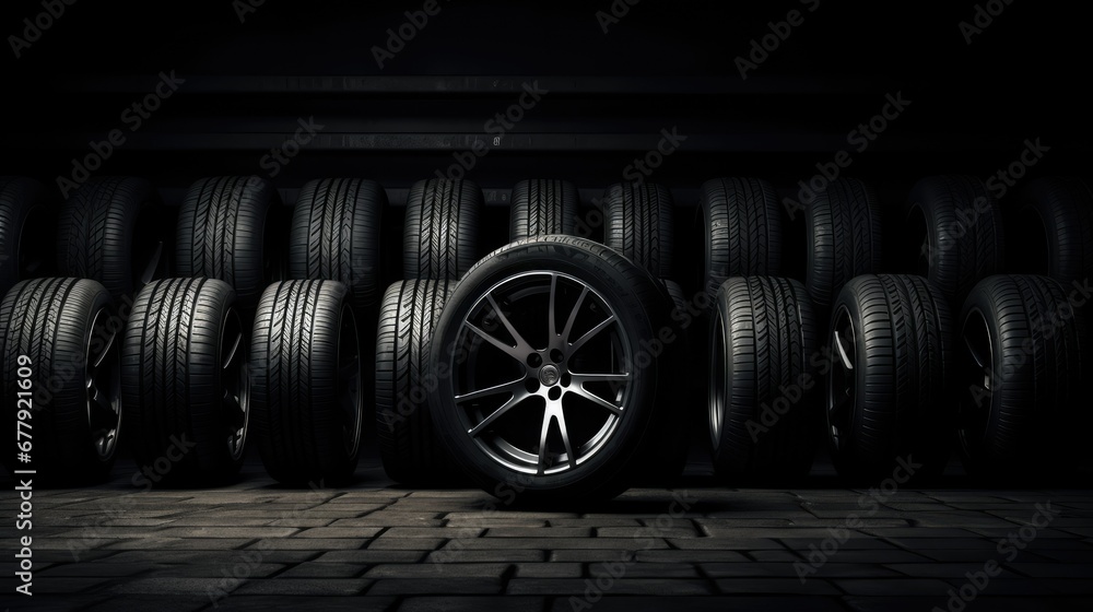 Brand new, pristine car tires showcased in a dark room, highlighted with dramatic lighting to accentuate their cleanliness and quality. Brand new, pristine car tires showcased in a dark room, highlighted with dramatic lighting to accentuate their cleanliness and quality.