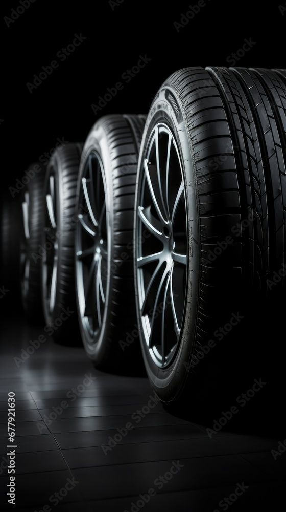 Brand new, pristine car tires showcased in a dark room, highlighted with dramatic lighting to accentuate their cleanliness and quality.