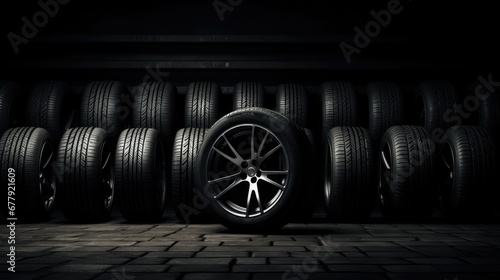 Brand new, pristine car tires showcased in a dark room, highlighted with dramatic lighting to accentuate their cleanliness and quality.
