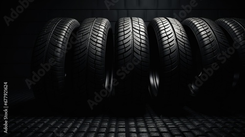 Brand new, pristine car tires showcased in a dark room, highlighted with dramatic lighting to accentuate their cleanliness and quality. photo