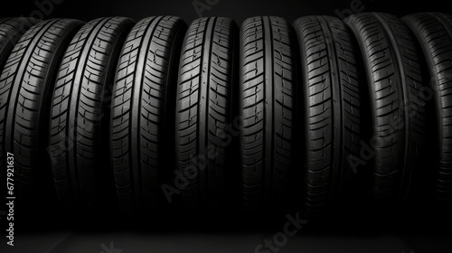 Brand new, pristine car tires showcased in a dark room, highlighted with dramatic lighting to accentuate their cleanliness and quality.