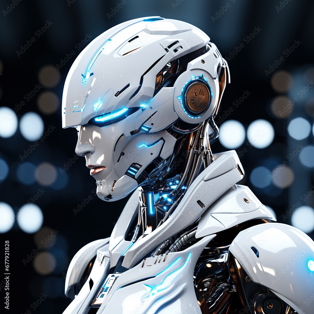 Elegant Humanoid Robot with Blue Optical Sensors and Dynamic White Chassis Elegant Humanoid Robot with Blue Optical Sensors and Dynamic White Chassis