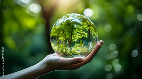 Human hand holding glass ball with tree inside. Environment conservation concept.