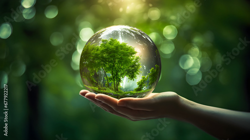 Human hand holding glass ball with tree inside. Environment conservation concept. photo