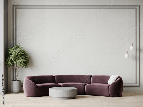 Fancy living room with dusty purple velvet sofa. Microcement white accent wall. Mockup luxury room hall interior design home or reception, lounge. Velor mauve furniture with pillow. 3d render  © Viktoriia