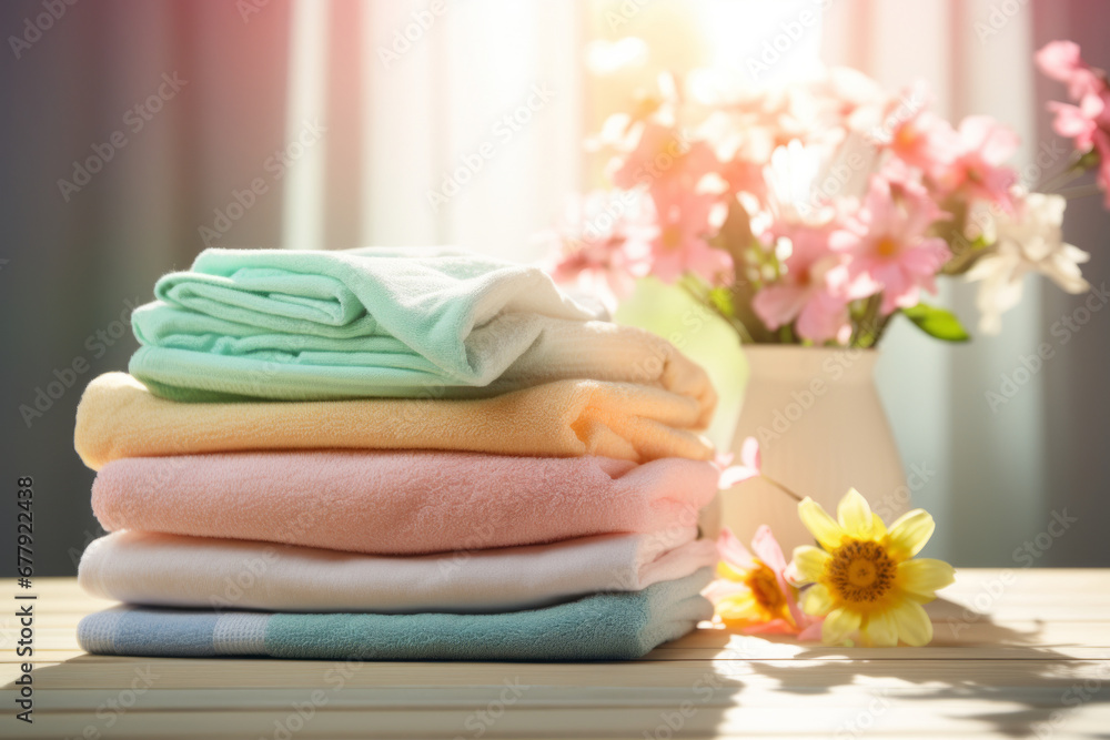Stack of pastel colored folded towels on white wooden table in bathroom. Spring cleaning. Stack of pastel colored folded towels on white wooden table in bathroom. Spring cleaning.