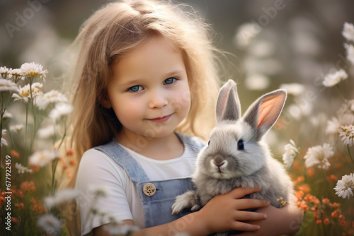 Cute little girl holding a bunny rabbit in flowering meadow. Celebrating Easter outdoors. © MNStudio