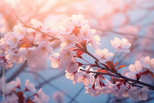 Beautiful cherry tree blossoming on spring. Beauty in nature. Tender cherry branches on sunny spring day outdoors. © MNStudio
