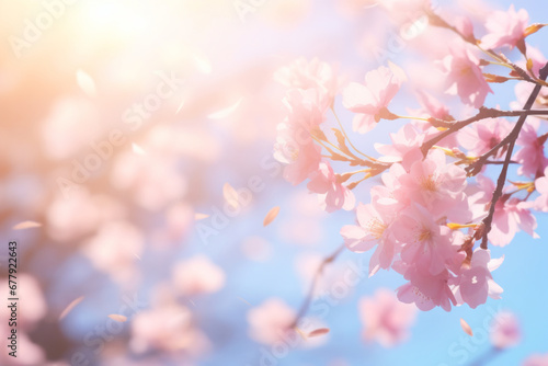 Beautiful cherry tree blossoming on spring. Beauty in nature. Tender cherry branches on sunny spring day outdoors.