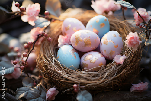 Colorful Easter eggs in a nest decorated with spring flowers. Celebrating Easter outdoors.