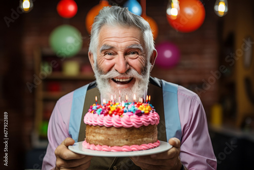 Cheerful senior man celebrating his birthday. Grandad looking at birthday cake with lit candles.