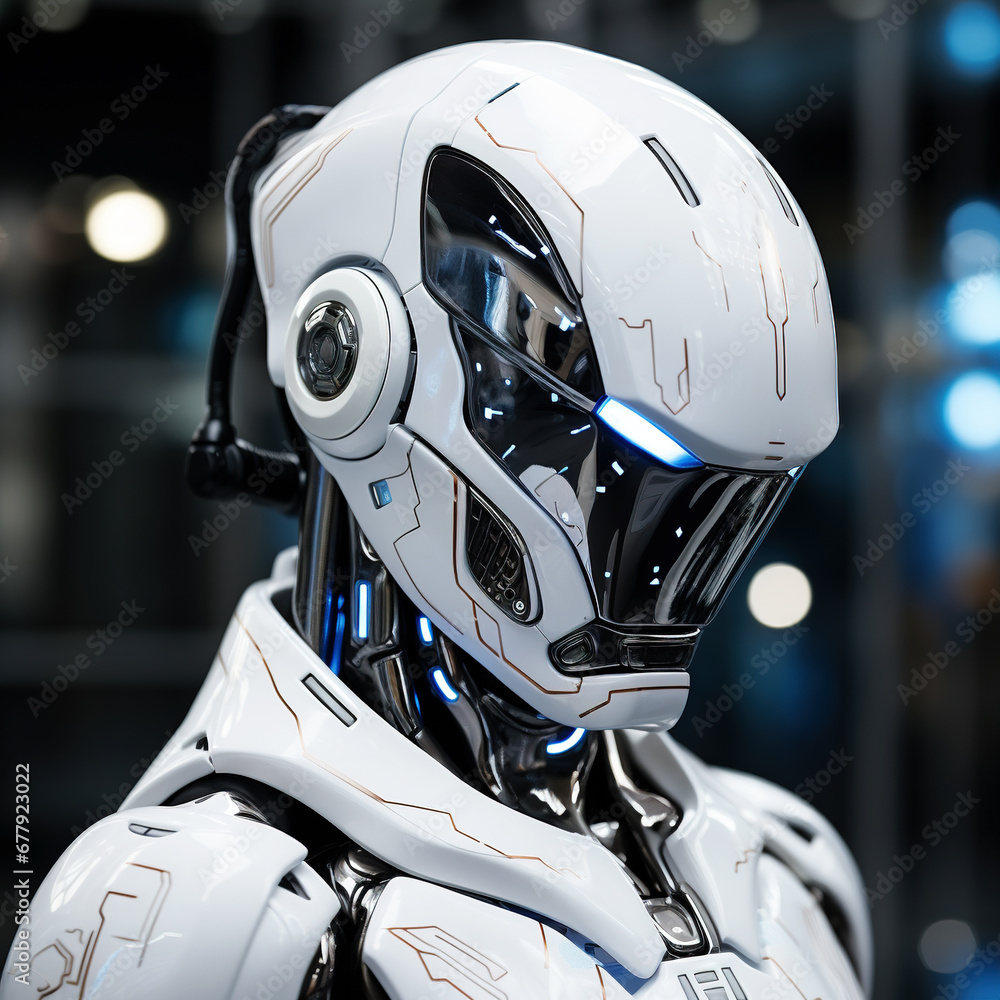 Advanced White Robotic Entity with Blue Light Accents and Sleek Design ...