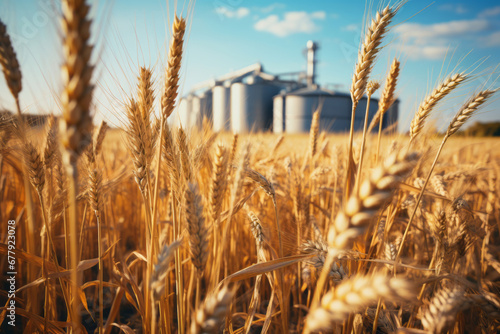 Wheat ears on a backdrop of silos towers. Silos on a wheat fields. Storage of agricultural production.