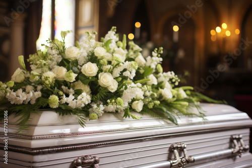 Coffin decorated with white flowers during funeral ceremony in church.