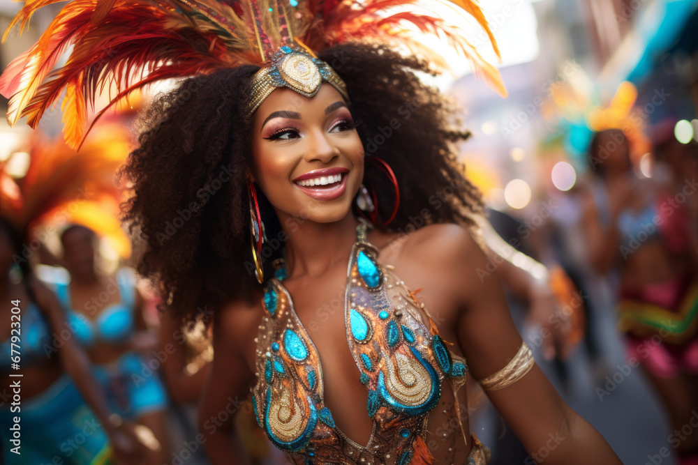 Latin woman dancing on the streets during carnival. Brazilian woman wearing costume celebrating carnival. Latin woman dancing on the streets during carnival. Brazilian woman wearing costume celebrating carnival.