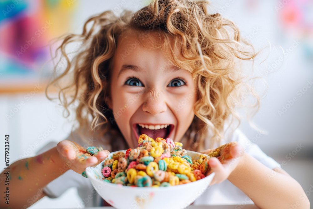 happy smiling little child eating breakfast happy smiling little child eating breakfast