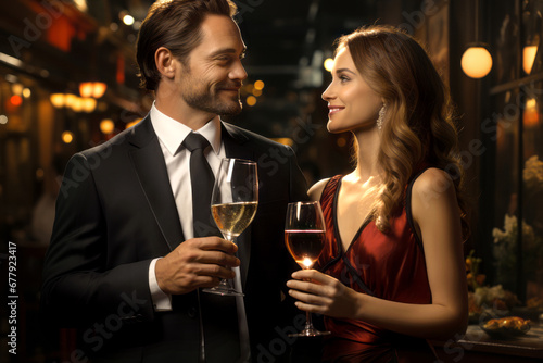 Beautiful couple wearing fancy clothes having a date at luxury restaurant. Young man and young woman drinking wine together.