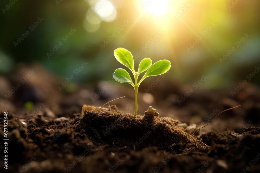 Young sprout growing from the rich soil to the morning sunlight. Ecology concept. Young sprout growing from the rich soil to the morning sunlight. Ecology concept.