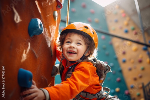 Active little child rock climbing at indoor gym. Kid climbing a rock wall indoor. Sports and recreation for children.