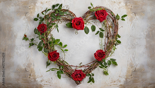 A heart-shaped wreath made of intertwined vines and adorned with red roses, creating a charming and festive Valentine's Day decoration.