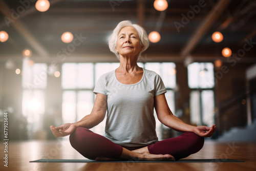Beautiful elderly woman meditating during group practice in sunny room. Peaceful woman doing yoga in lotus pose. Finding inner balance, managing stress.