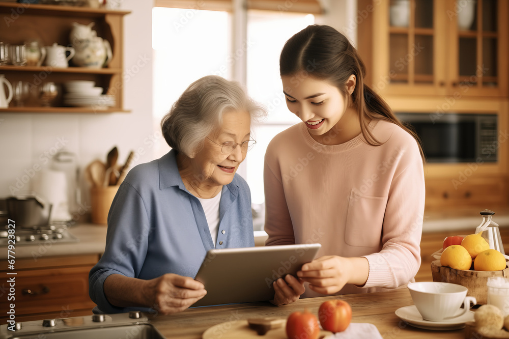 Adult daughter teaching elderly mom to use online app on tablet for communication. Senior lady holding digital gadget.
