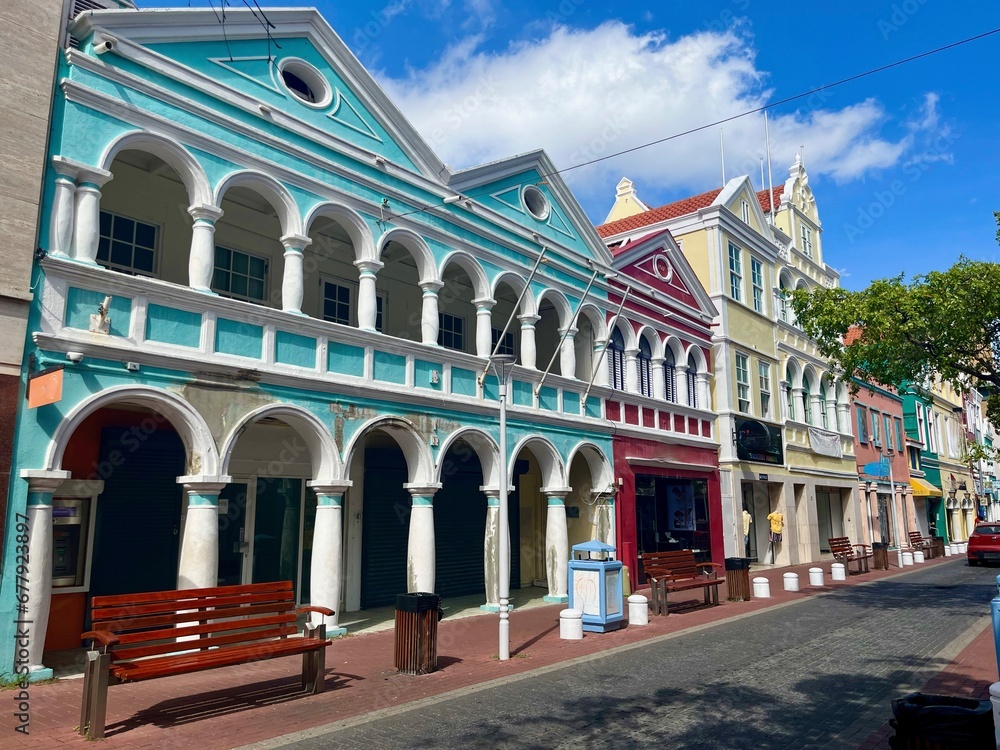 Street Scene with Colourful Dutch Colonial Architecture in Willemstad Curacao