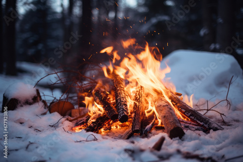 Forest bonfire on winter time. Having fun at a camp site with family and friends. Fun activities in winter. © MNStudio