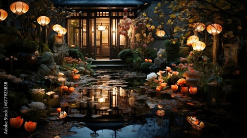 A lantern-lit garden  creating a magical ambiance 