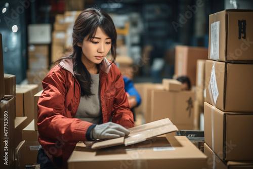 Young beautiful woman taping a cardboard box for delivery. Warehouse order picker packing and sealing cardboard box with tape for dispatch. photo