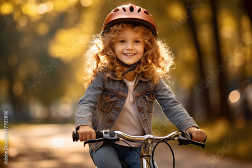 Cute little girl riding a bicycle in summer park. Cheerful little child having fun on a bike on sunny evening.