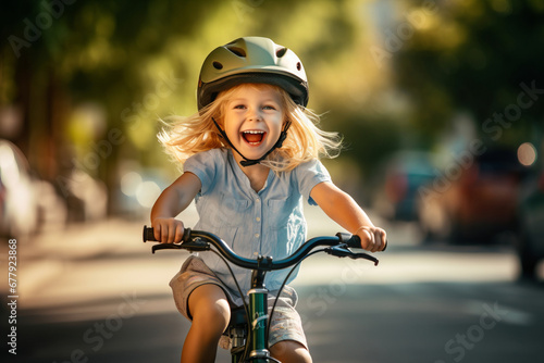 Cute little girl riding a bicycle in summer park. Cheerful little child having fun on a bike on sunny evening. photo