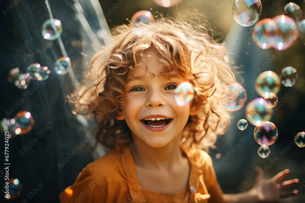 Pretty little child playing with soap bubbles on a sunset. Kid having fun in a park in summer. Funny activities for children. Pretty little child playing with soap bubbles on a sunset. Kid having fun in a park in summer. Funny activities for children.