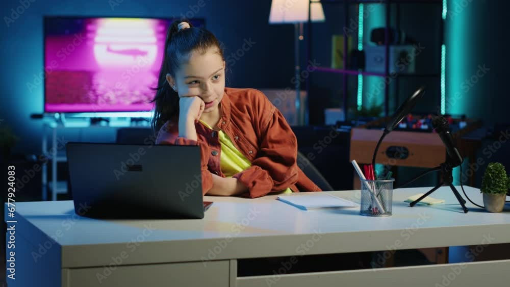 Young kid filming family vlog in home studio, talking about boring day at school for her children audience. Little girl recording content for online channel, discussing with gen Z viewers Young kid filming family vlog in home studio, talking about boring day at school for her children audience. Little girl recording content for online channel, discussing with gen Z viewers