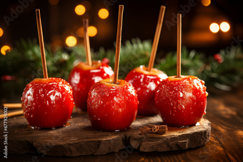 Red apples covered with caramelized sugar. Apples on sticks as traditional Christmas dessert on a backdrop on Christmas tree lights.