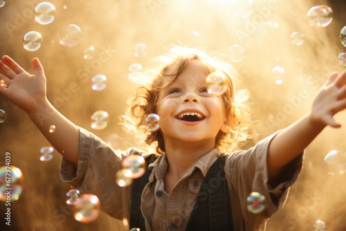 Pretty little child playing with soap bubbles on a sunset. Kid having fun in a park in summer. Funny activities for children.