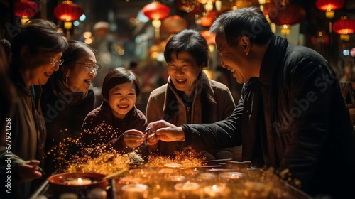 A family lighting incense to honor ancestors 