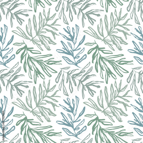 Rosemary branches seamless pattern in green shades. Brush drawn foliage silhouettes.